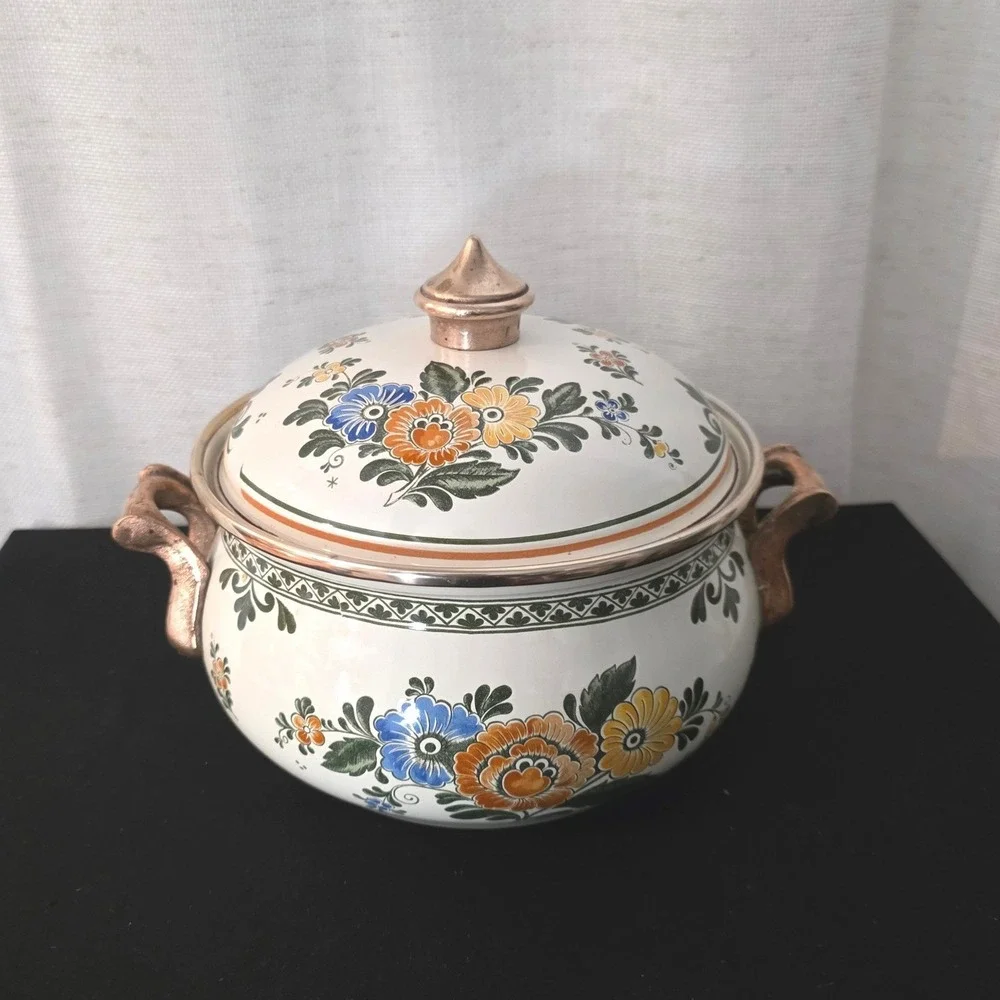 Vintage ASTA Floral Enamelware Dutch Oven Casserole Pot Lid Old Amsterdam